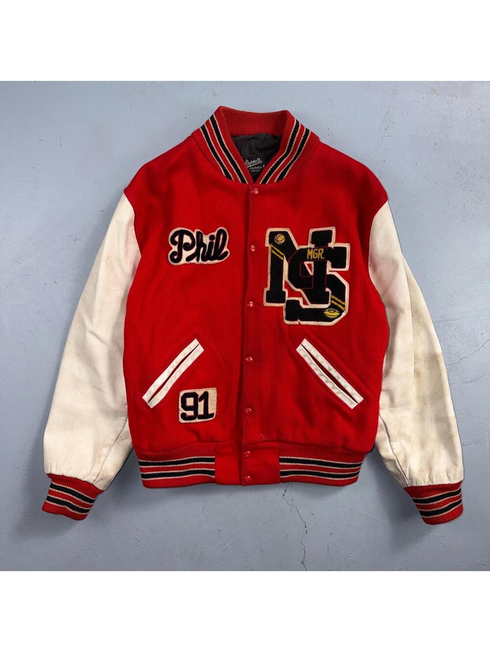 VTG 70s Nelson Varsity Jacket Letterman USA Made Leather Collegiate 44 Red Phil